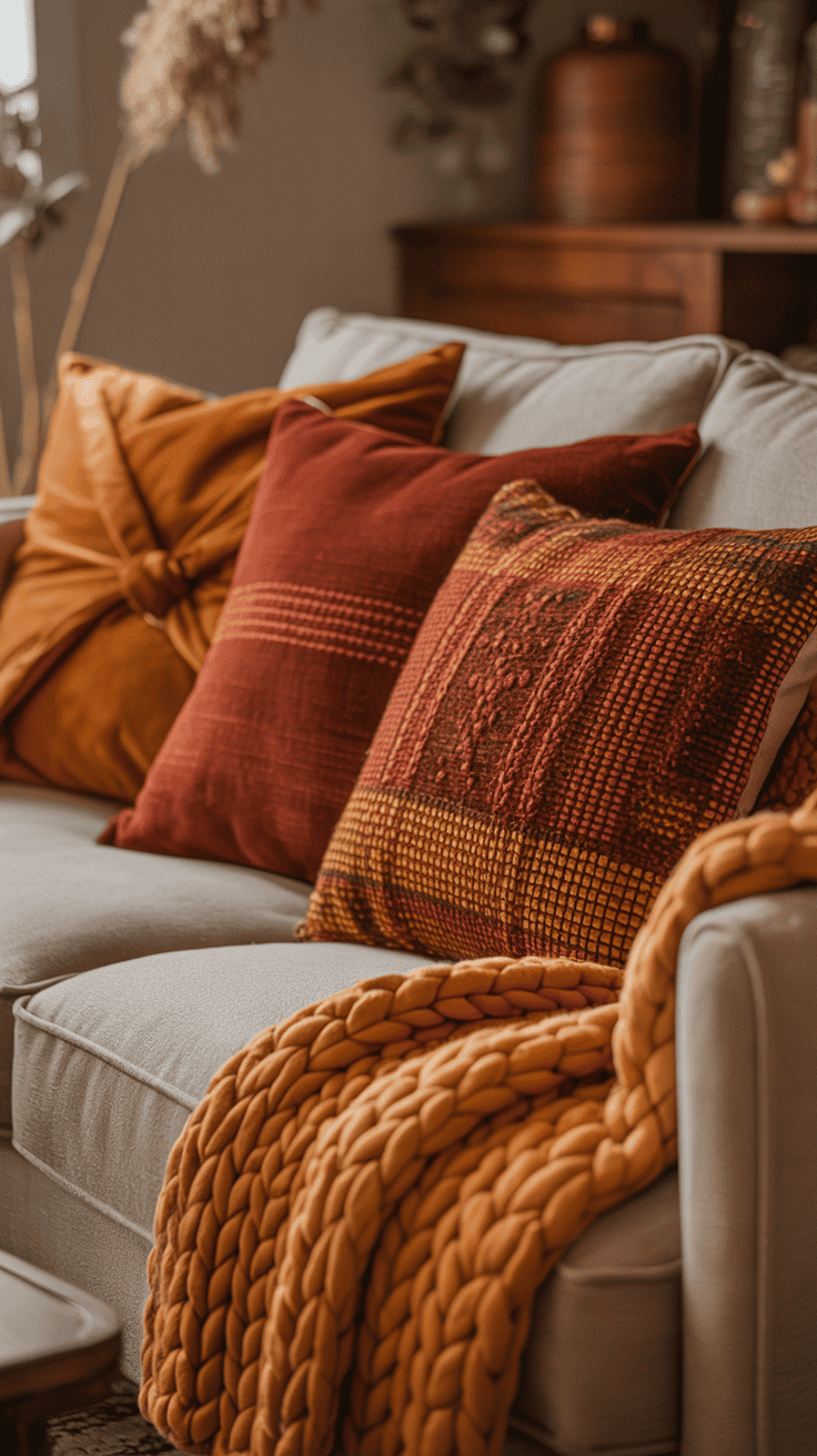 autumn pillow covers and throw blanket textures on a sofa
