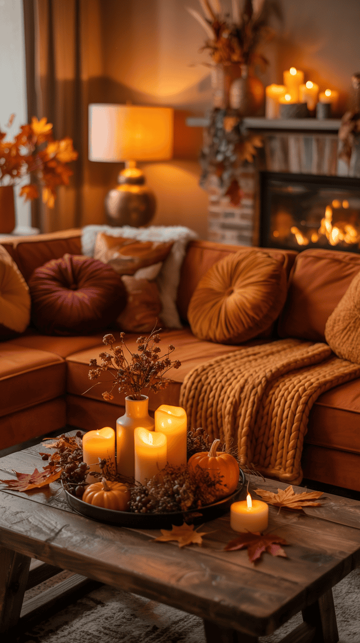 fall living room with layered warm lighting from lamps and candles