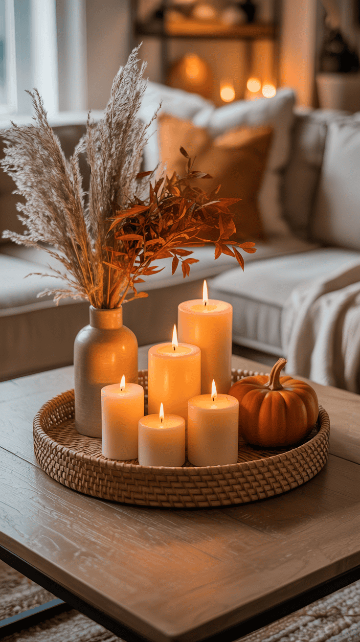 fall coffee table with tray candle vase pumpkin and open space