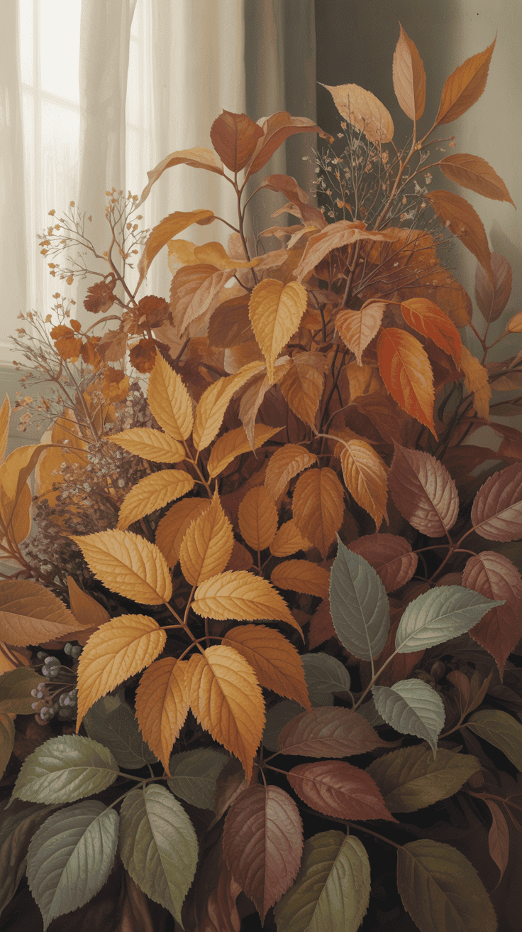 rust golden burgundy and muted green autumn foliage arrangement