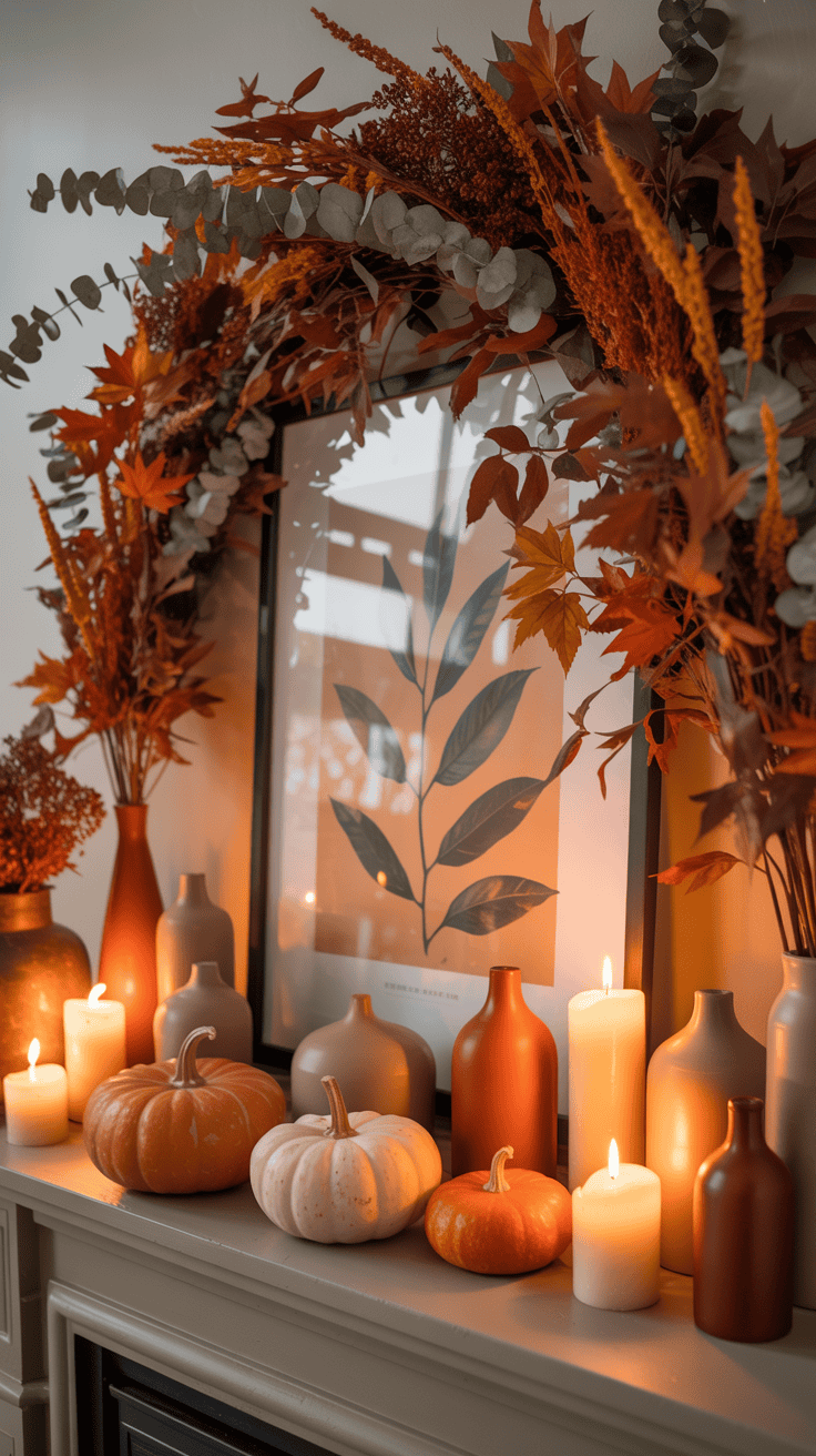 easy fall mantel formula with artwork foliage pumpkins and ceramics