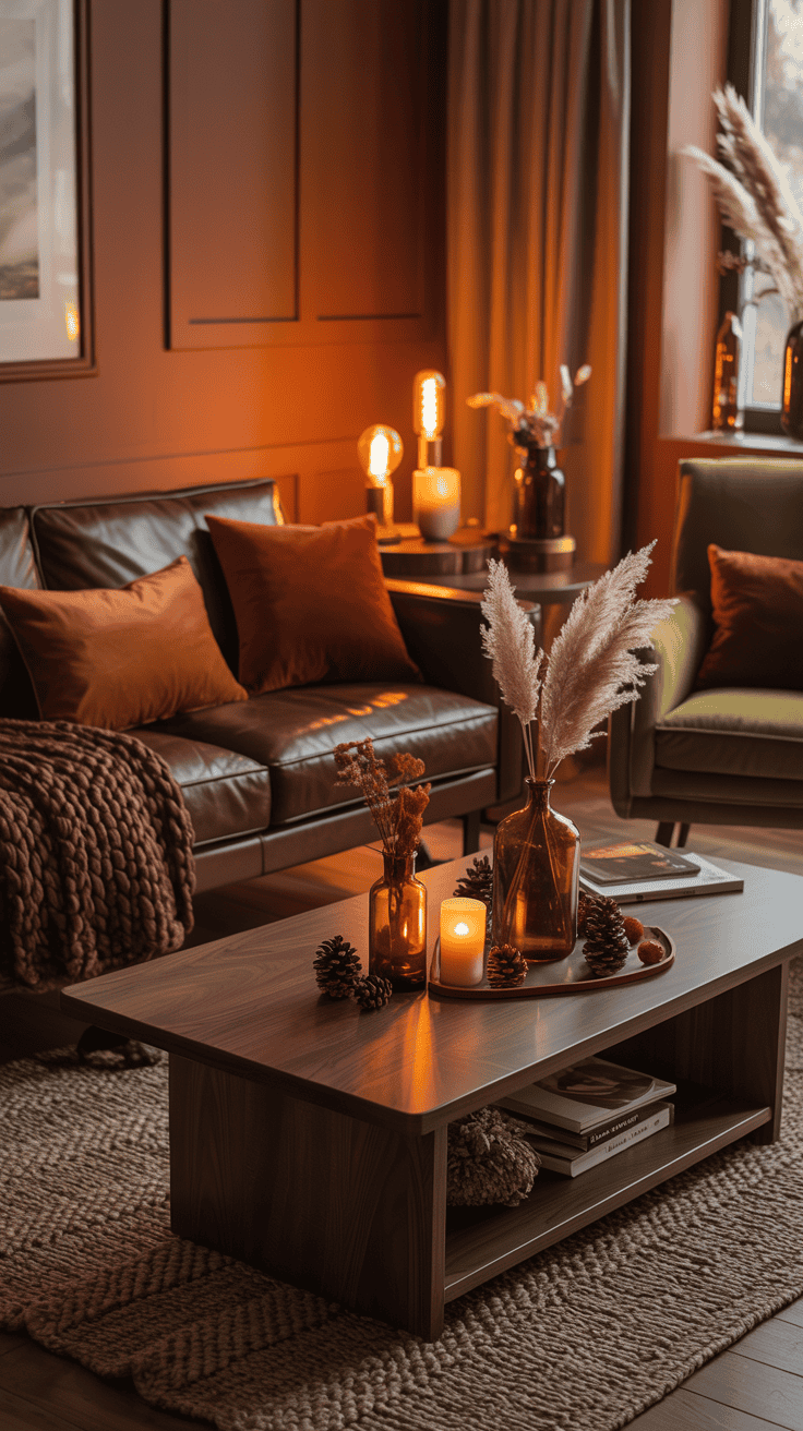 fall living room with rust caramel olive chocolate and burgundy accents