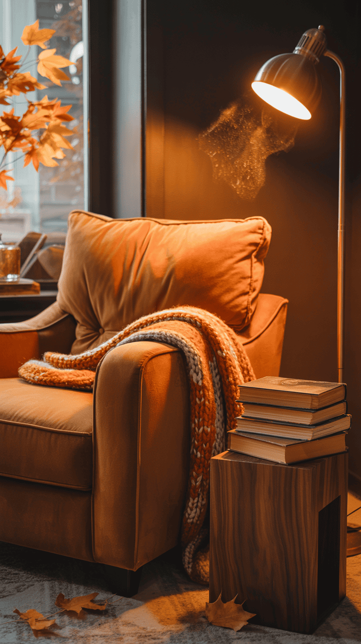 Cozy autumn living room reading corner with comfortable armchair, warm floor lamp, side table, books, and soft fall throw blanket.