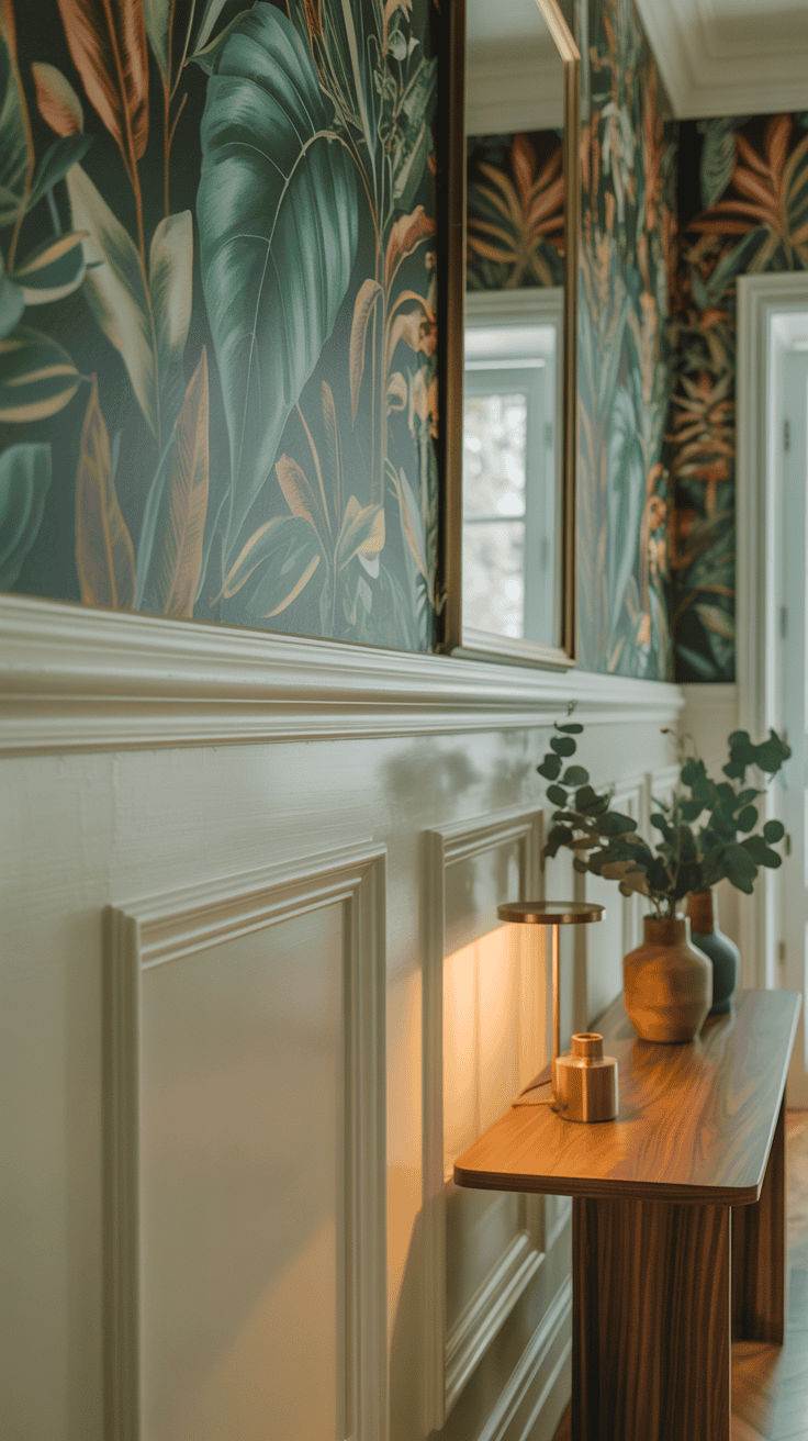 hallway wainscoting ideas paired with botanical wallpaper hallway wainscoting ideas paired with botanical wallpaper