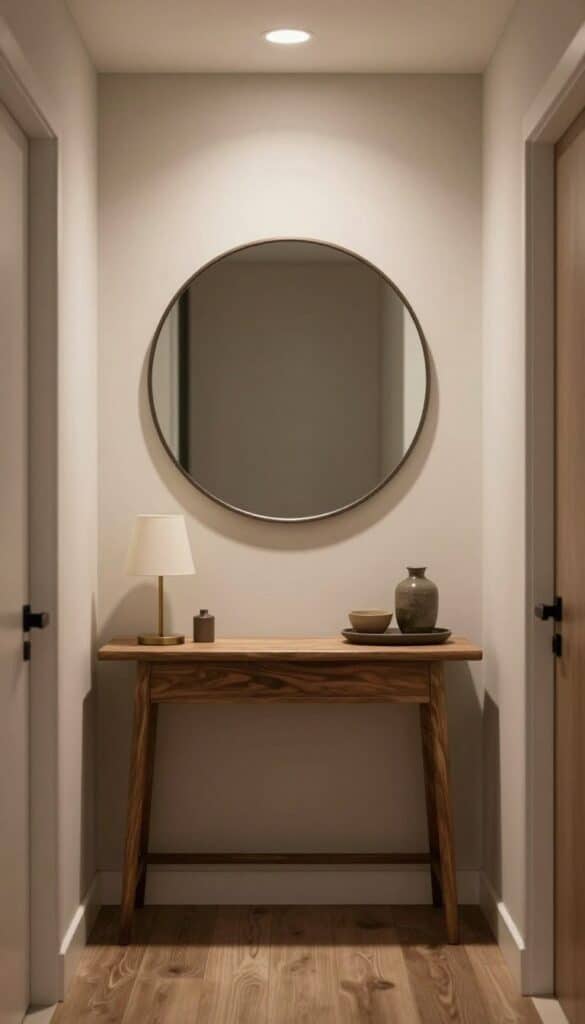 Narrow hallway with large round mirror above a slim wooden console table, neutral decor, and warm entryway lighting.