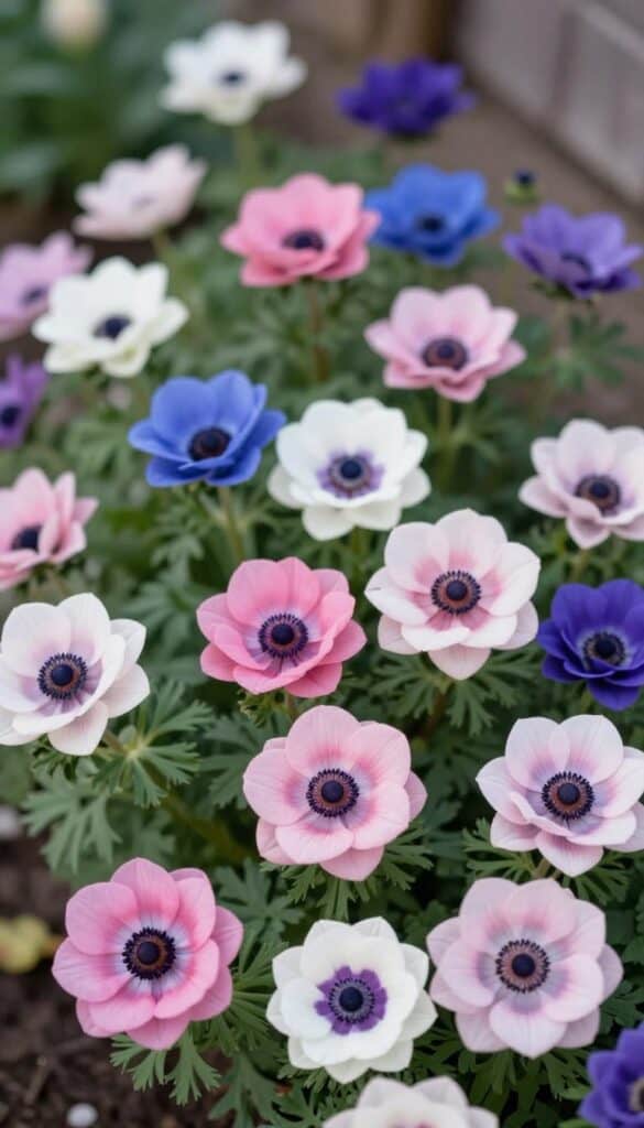 Pink and blue anemones blooming in a spring border Pink and blue anemones blooming in a spring border