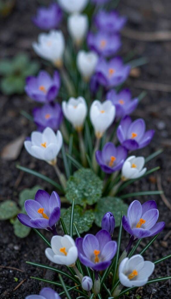 Purple and yellow crocuses blooming in early spring Purple and yellow crocuses blooming in early spring