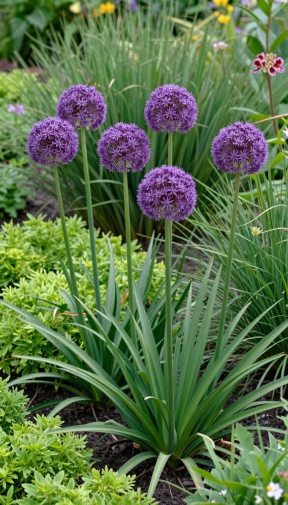 Tall purple alliums rising above a spring border Tall purple alliums rising above a spring border