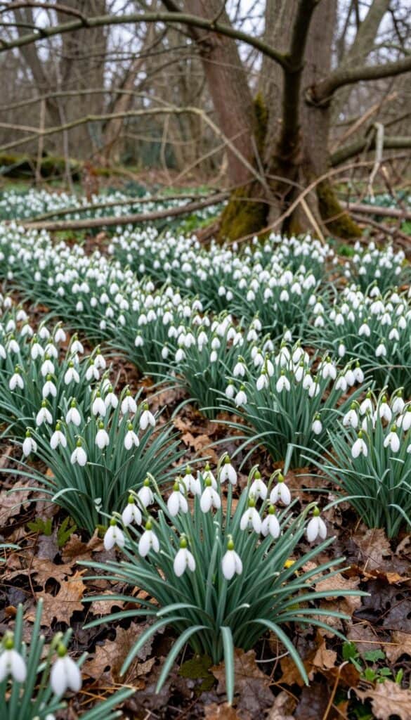 White snowdrops blooming beneath deciduous trees White snowdrops blooming beneath deciduous trees
