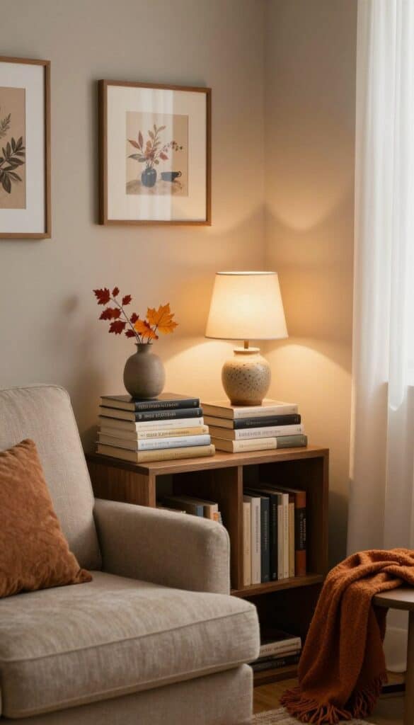 Autumn book nook with comfortable chair, reading lamp, books, side table, and seasonal foliage