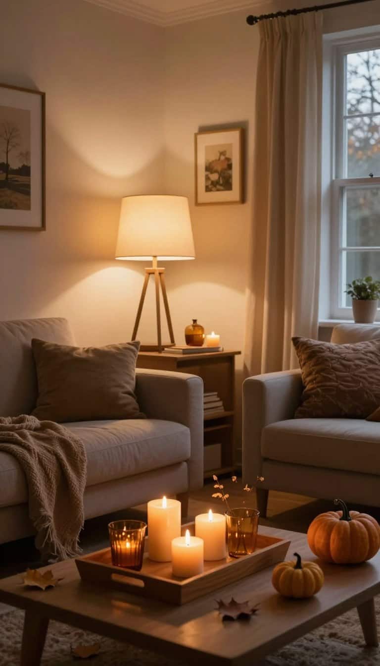 autumn candle and lighting ideas in a warm cozy living room