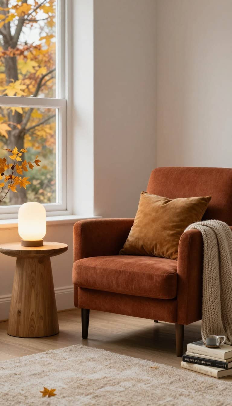 cozy autumn living room corners with a classic armchair reading nook