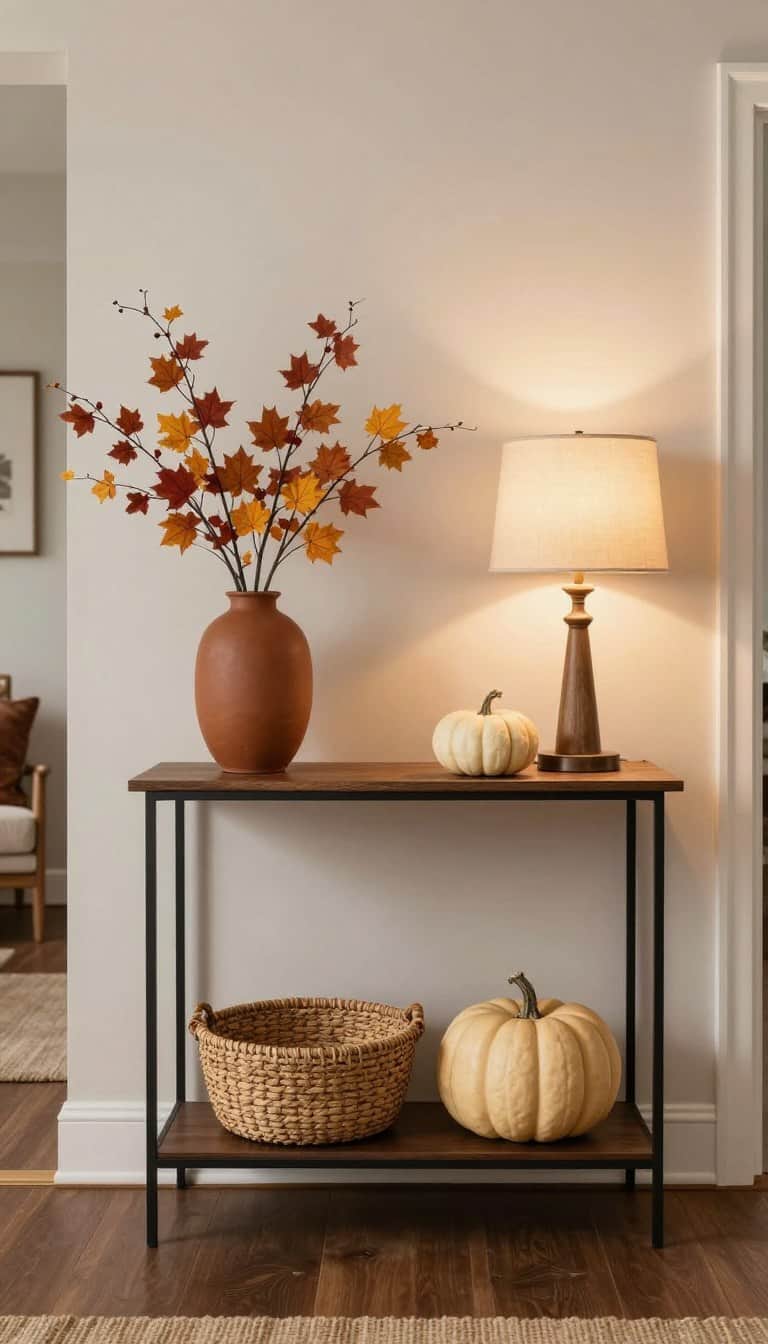 fall entryway decor ideas with pumpkins and warm lighting