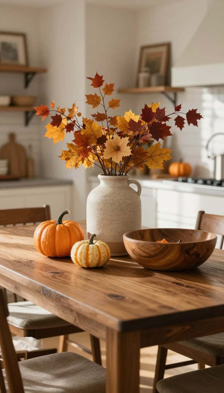 fall kitchen table ideas with pumpkins and warm autumn decor