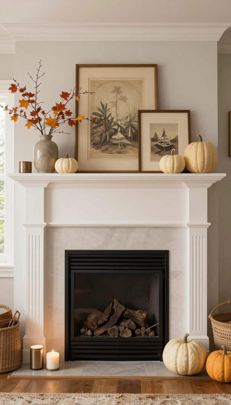 fall mantel decorating ideas with pumpkins and autumn branches