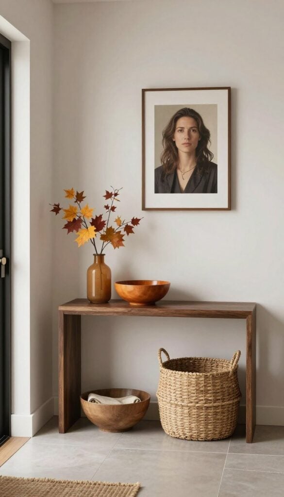 Simple everyday fall entryway with autumn stems, woven basket, and catchall bowl