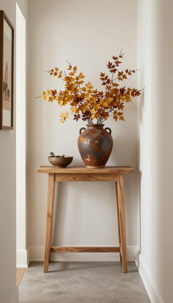 Slim entryway console styled with autumn branches, warm wood, and simple fall decor