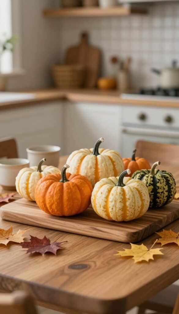 Small pumpkin centerpiece on a warm fall kitchen table with natural autumn foliage