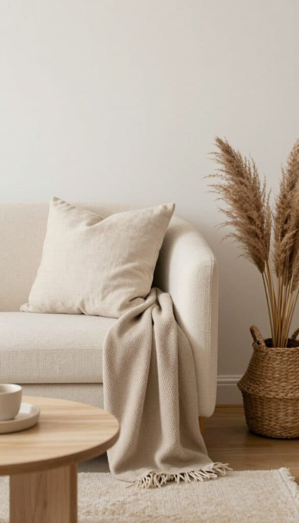 Soft neutral cozy autumn living room corner with boucle chair, cream throw, natural wood table, and warm fall textures