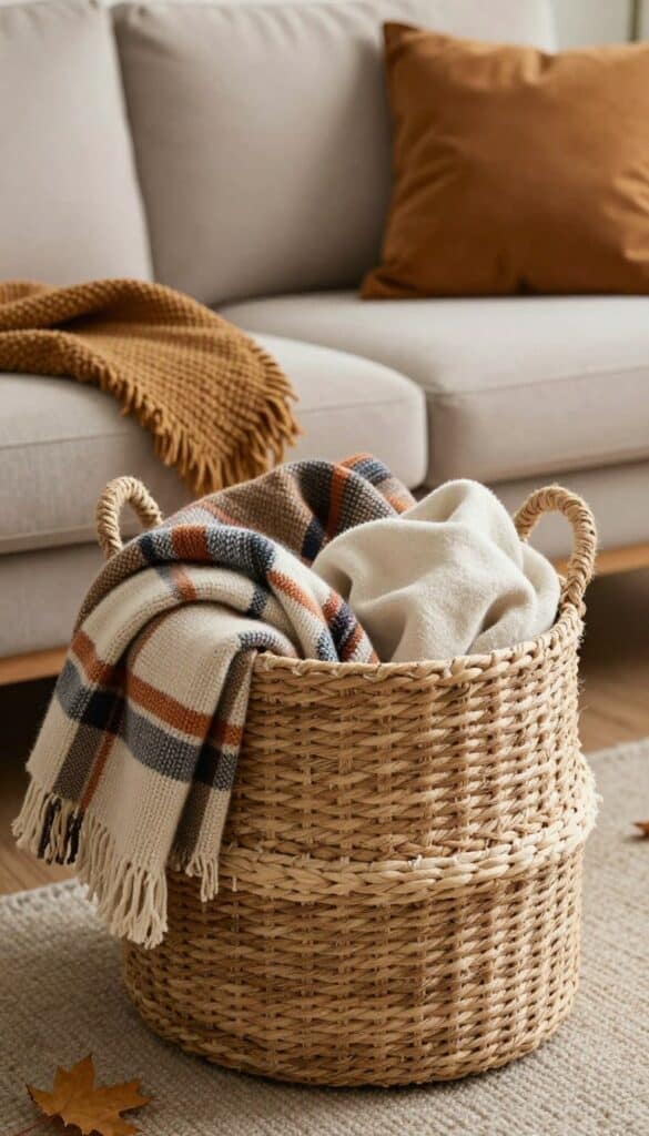 woven basket filled with throw blankets beside a fall living room sofa