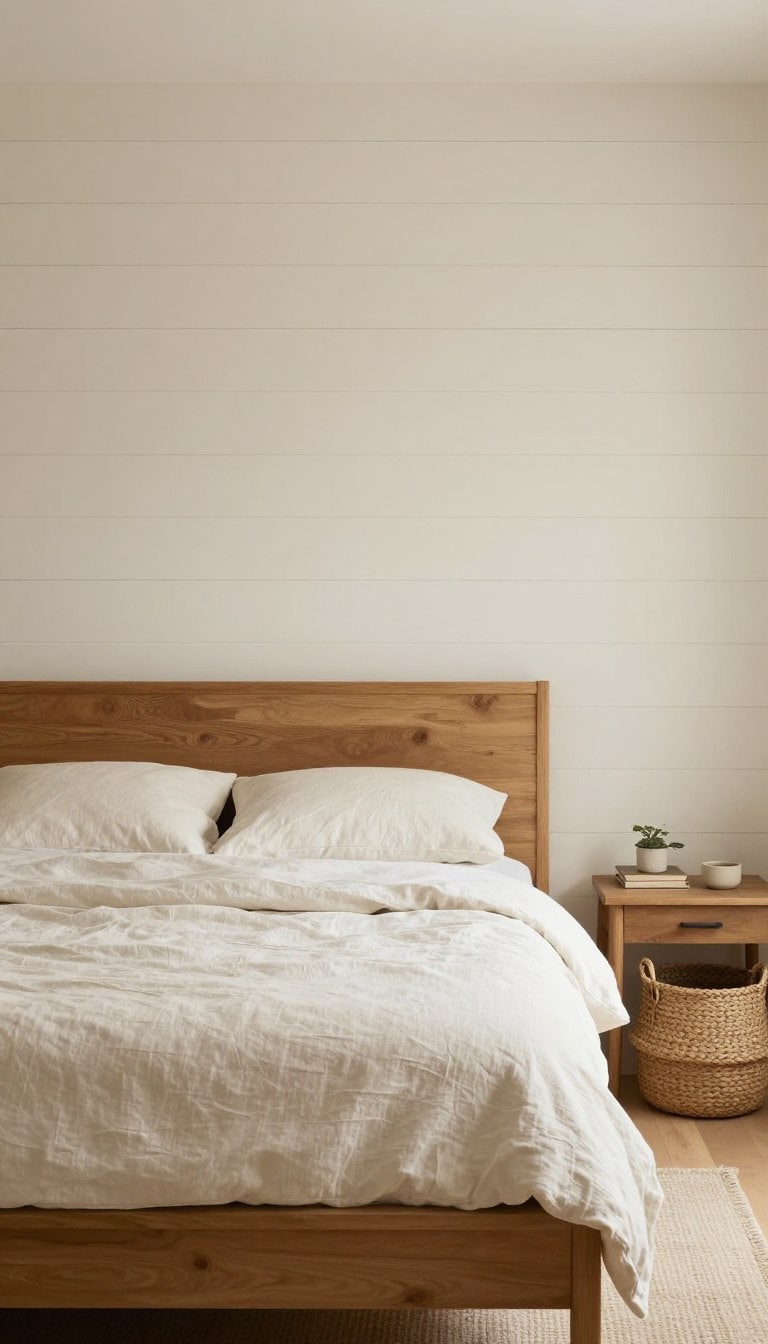 Farmhouse accent wall ideas with warm white horizontal shiplap behind a bed