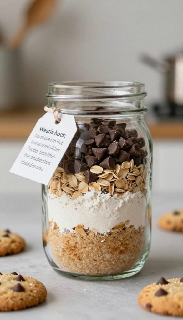 Homemade cookie mix in a mason jar with a paper instruction tag