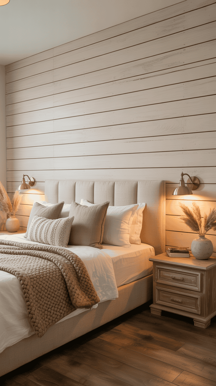 Farmhouse accent wall ideas with warm white horizontal shiplap behind a bed
