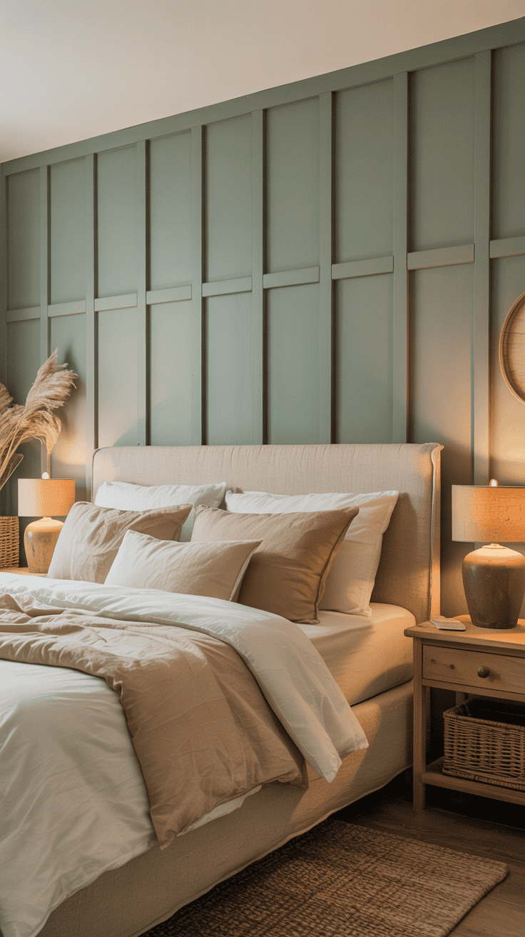 Muted sage board and batten farmhouse accent wall ideas behind a bedroom bed Muted sage board and batten farmhouse accent wall ideas behind a bedroom bed