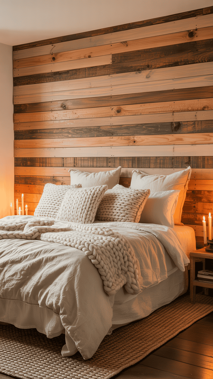 Warm natural timber farmhouse accent wall behind a bedroom bed Warm natural timber farmhouse accent wall behind a bedroom bed