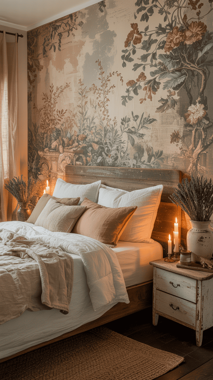 Muted vintage floral wallpaper farmhouse accent wall ideas in a country bedroom Muted vintage floral wallpaper farmhouse accent wall ideas in a country bedroom
