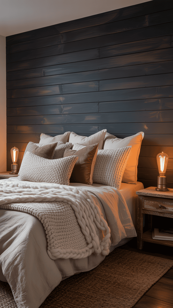 Moody charcoal farmhouse accent wall behind a cozy bedroom bed Moody charcoal farmhouse accent wall behind a cozy bedroom bed