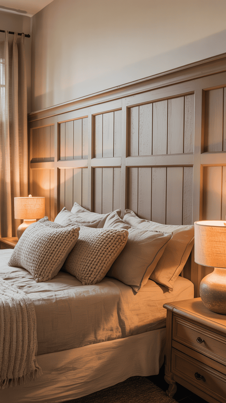 Warm neutral half-wall paneling with a lighter upper wall in a farmhouse bedroom Warm neutral half-wall paneling with a lighter upper wall in a farmhouse bedroom