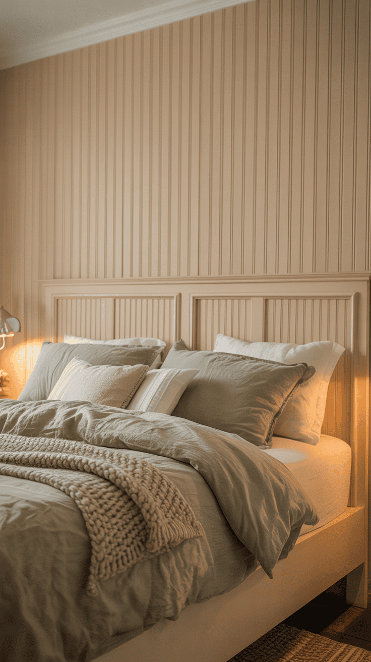 Cream beadboard farmhouse accent wall behind a cottage-style bedroom bed Cream beadboard farmhouse accent wall behind a cottage-style bedroom bed