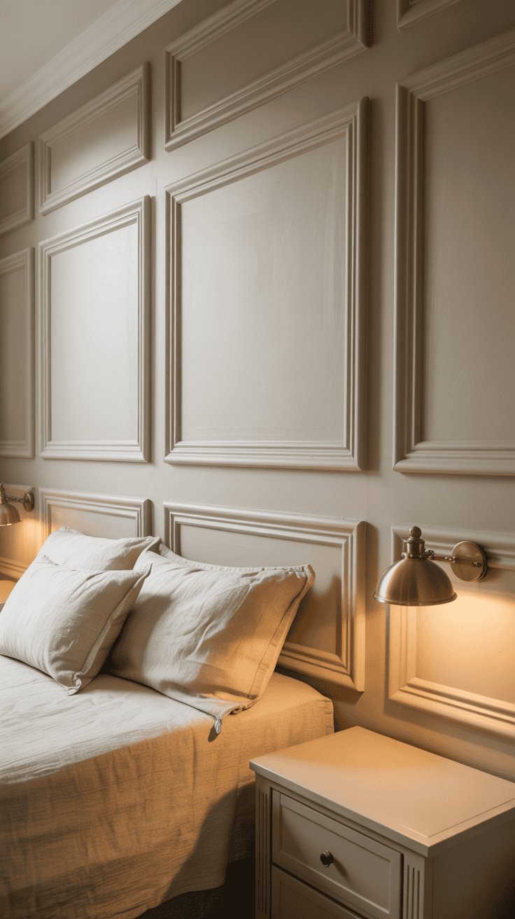Tonal picture-frame molding farmhouse accent wall ideas in a polished bedroom Tonal picture-frame holding farmhouse accent wall ideas in a polished bedroom