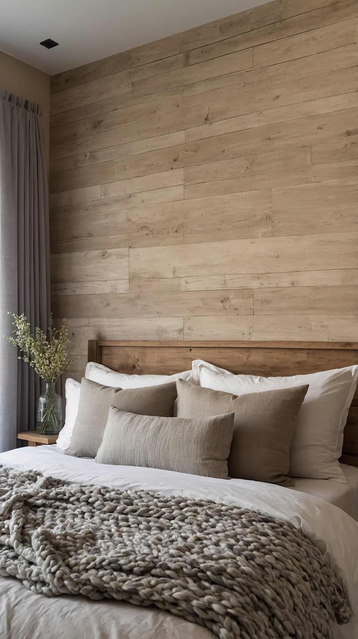 Soft warm beige limewash-effect farmhouse accent wall in a bedroom Soft warm beige limewash-effect farmhouse accent wall in a bedroom