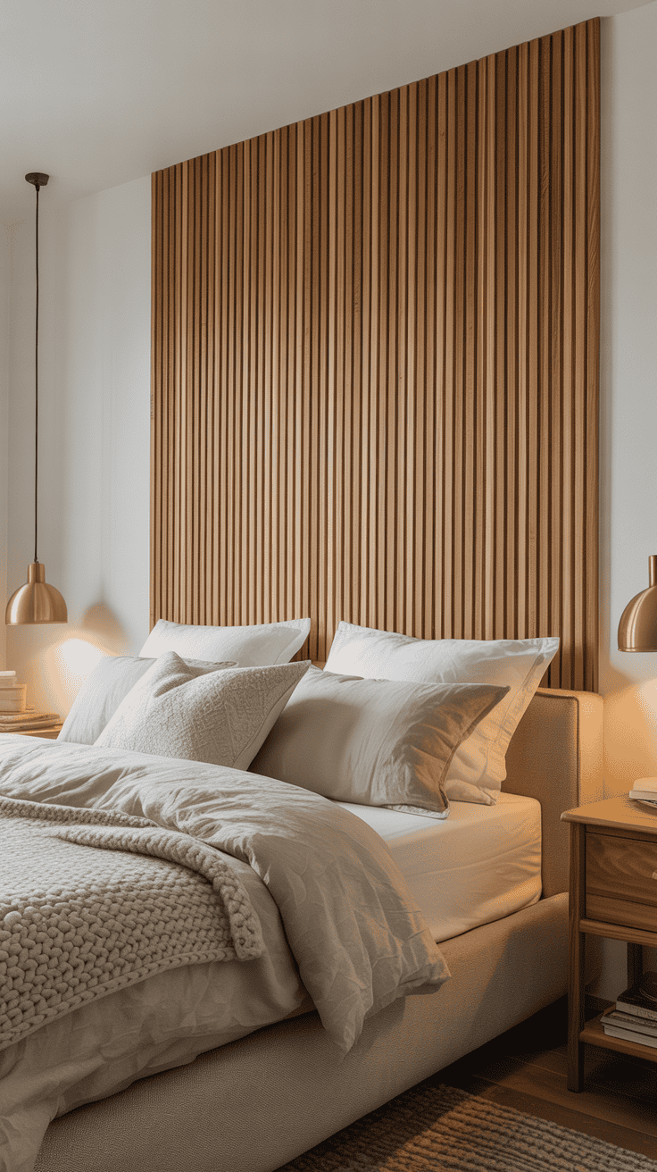 Clean vertical timber slats behind a bed in a modern farmhouse bedroom Clean vertical timber slats behind a bed in a modern farmhouse bedroom