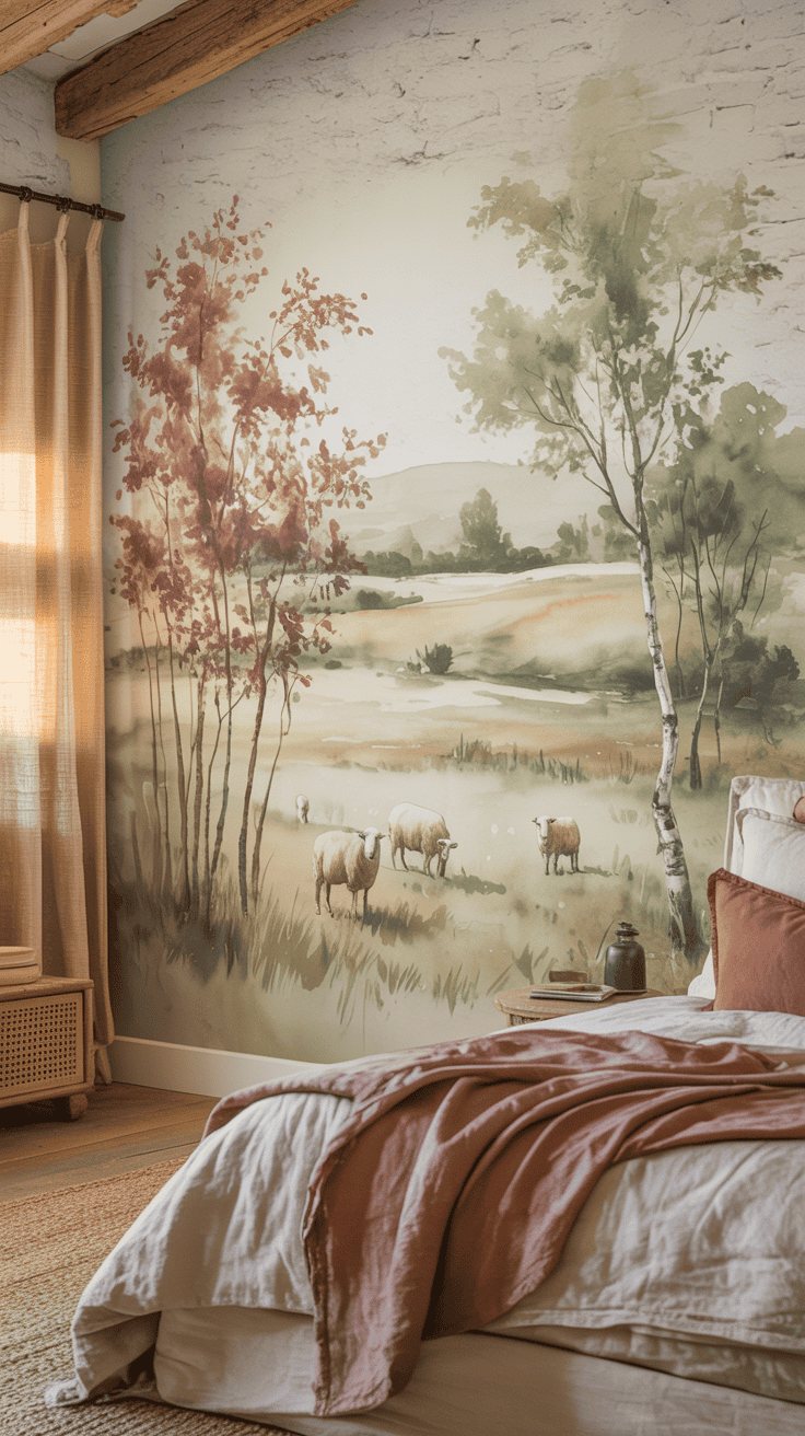 Restrained pastoral mural used as a farmhouse bedroom focal point Restrained pastoral mural used as a farmhouse bedroom focal point