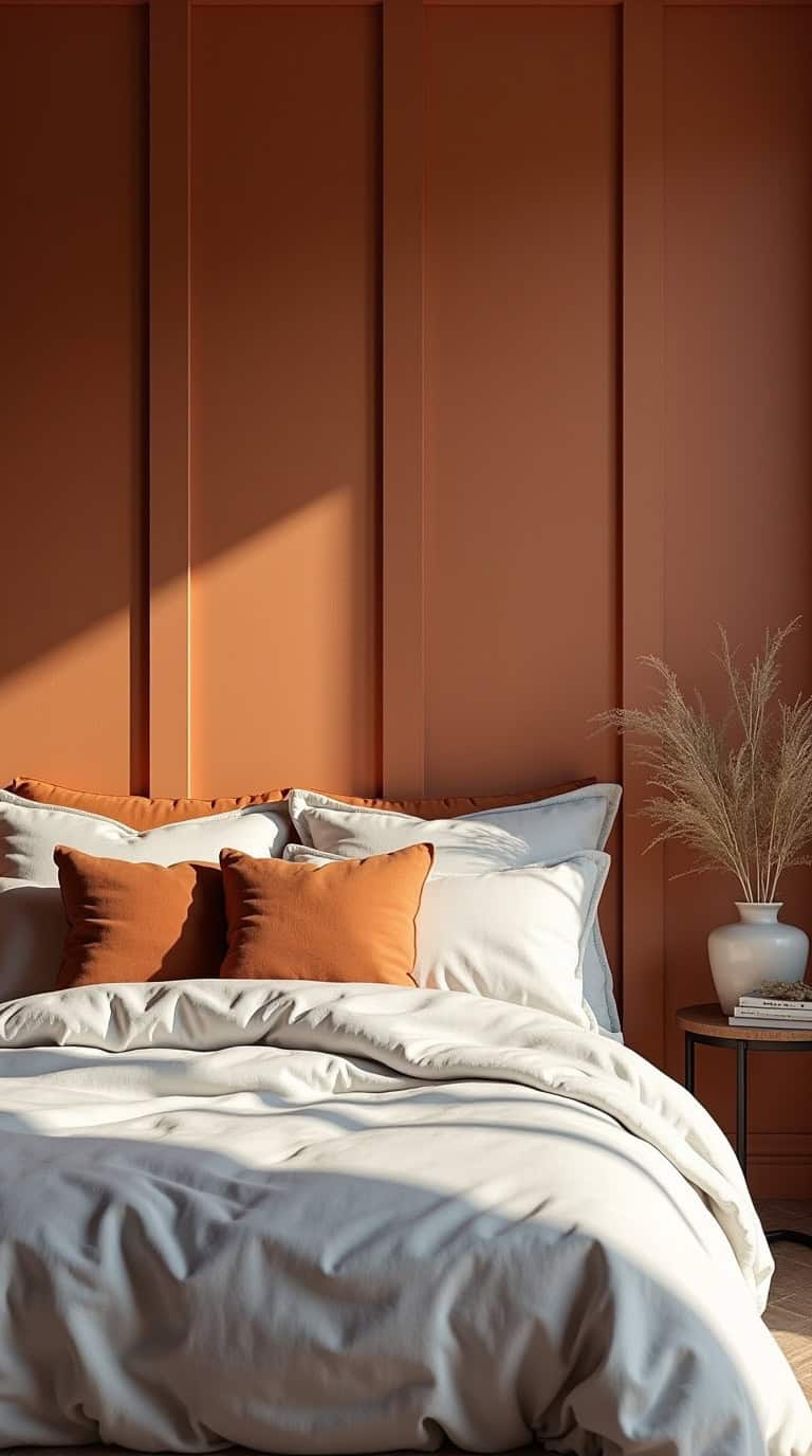 Color-drenched earthy paneled farmhouse accent wall behind a bedroom bed Color-drenched earthy paneled farmhouse accent wall behind a bedroom bed