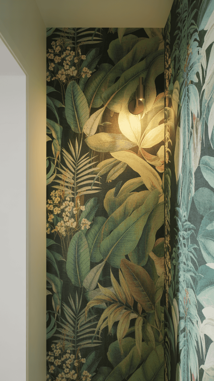 botanical wallpaper on one narrow hallway wall