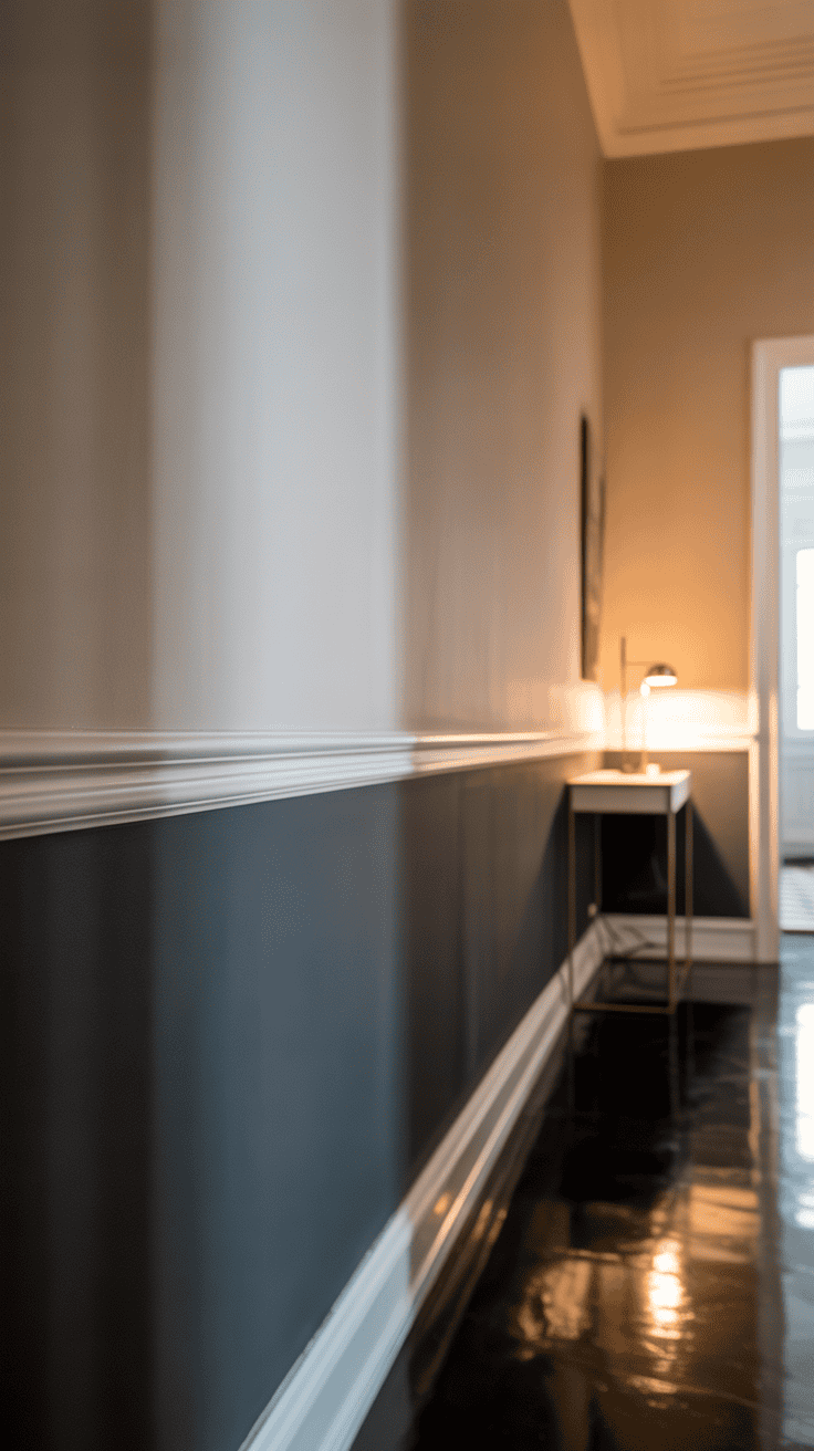 two-tone paint treatment in a narrow hallway
