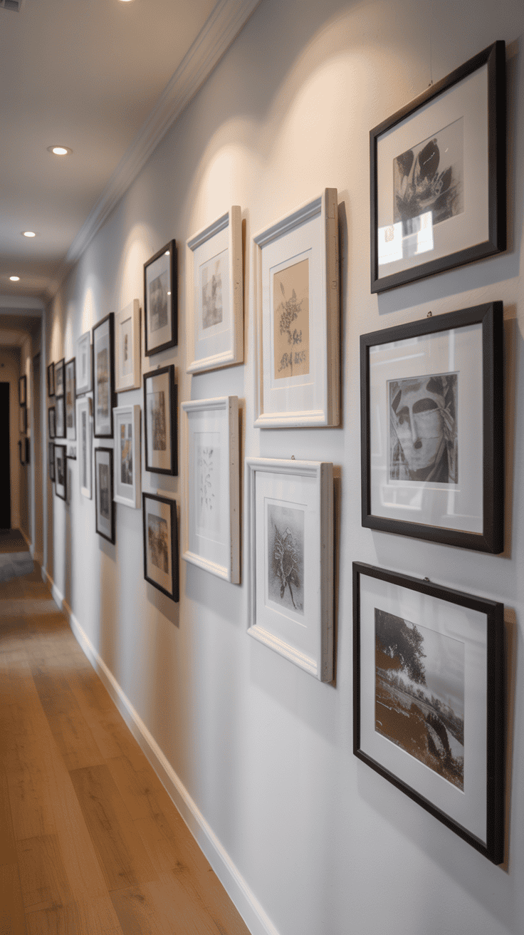 slim gallery wall following a narrow hallway