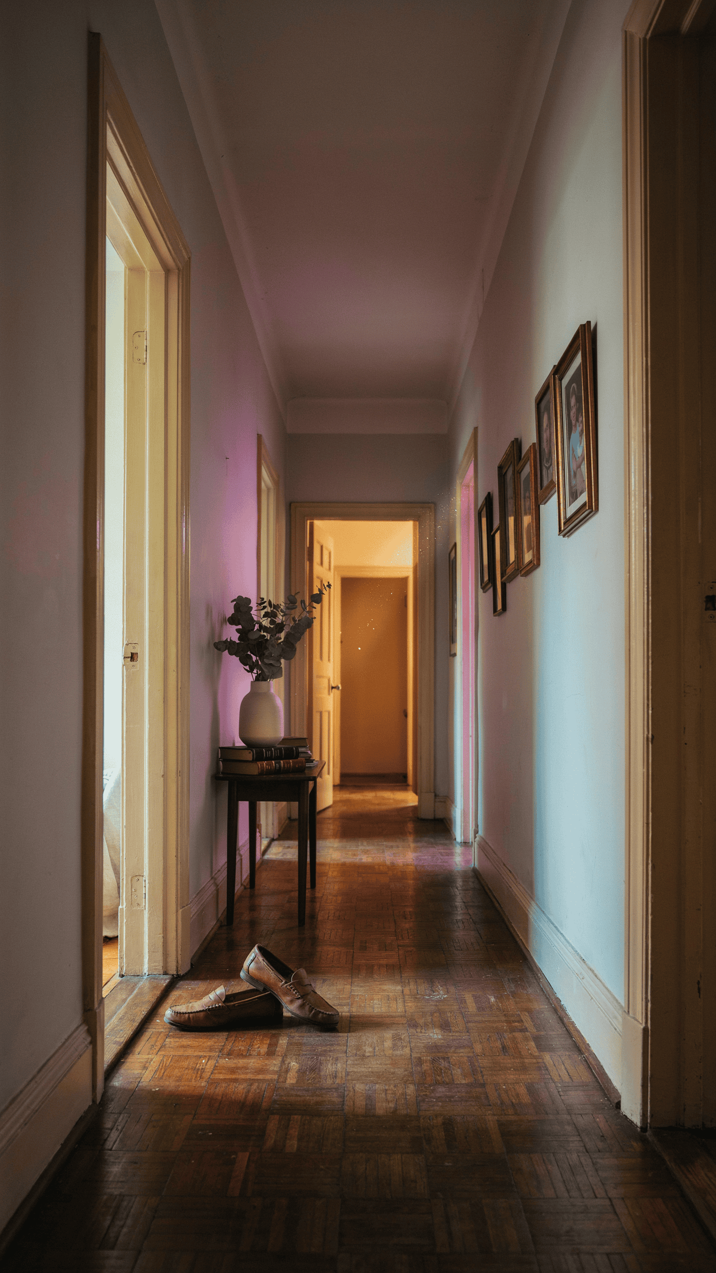 color drenched section of a narrow hallway