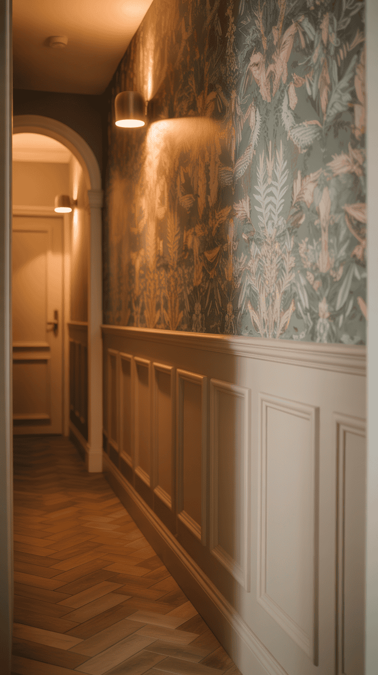 half-wall paneling and wallpaper in a narrow hallway