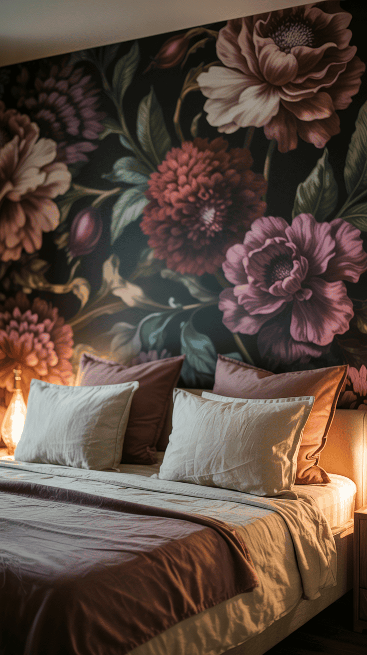 moody floral peel stick wallpaper behind a bed moody floral peel stick wallpaper behind a bed