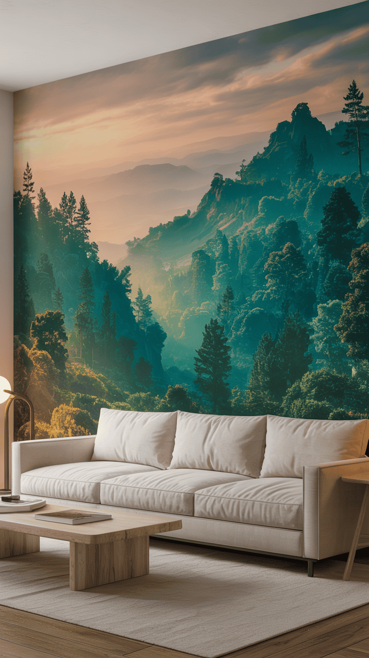 landscape mural wallpaper accent wall in a living room landscape mural wallpaper accent wall in a living room