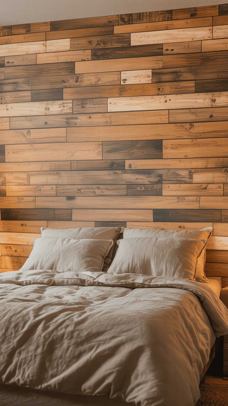 faux wood panel stick wallpaper behind a bed faux wood panel stick wallpaper behind a bed