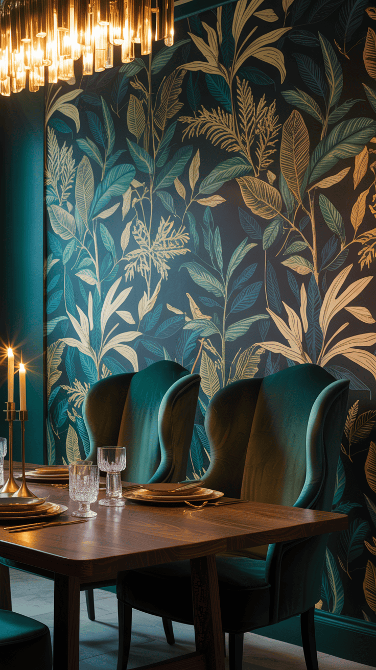 dramatic wallpaper accent wall behind a dining table dramatic wallpaper accent wall behind a dining table