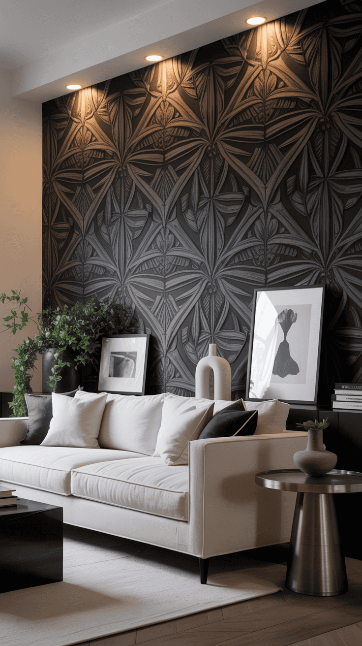 monochrome wallpaper accent wall in a sophisticated living room monochrome wallpaper accent wall in a sophisticated living room
