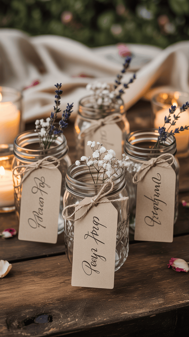 Personalized mason jar drinking glass wedding favors with individual guest name tags