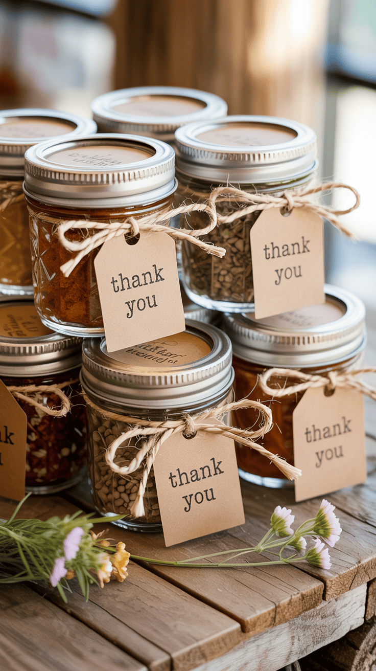 Mini mason jar spice blend wedding favors with simple labels and natural twine